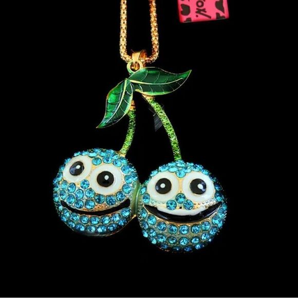 Blue Crystal Enamel Charm Cherry Pendant Sweater Chain Necklace NWOT - Picture 3 of 5